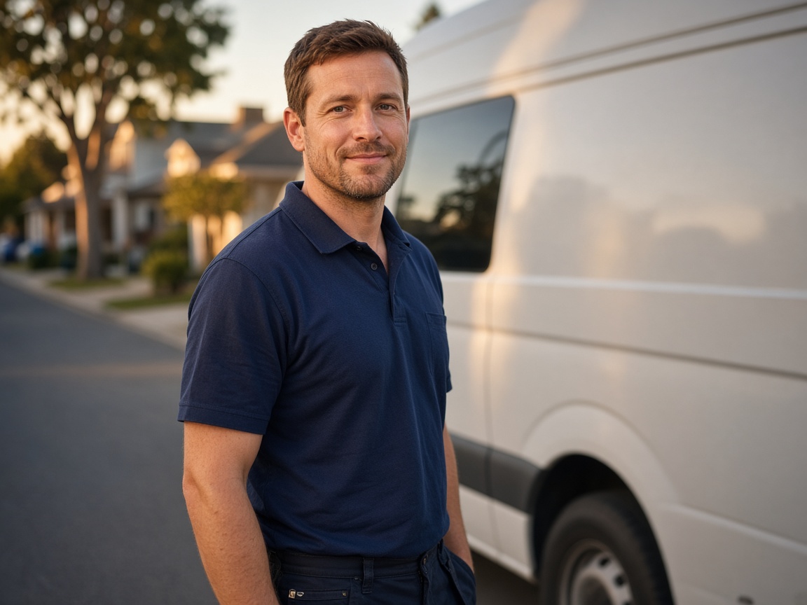 Tyler standing beside his work van